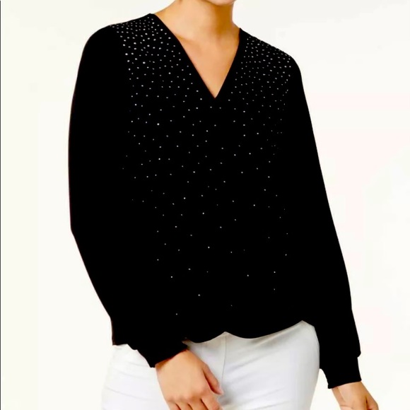 NWT Alfani Black V-Neck Embellished Blouse Size Medium - Picture 2 of 11